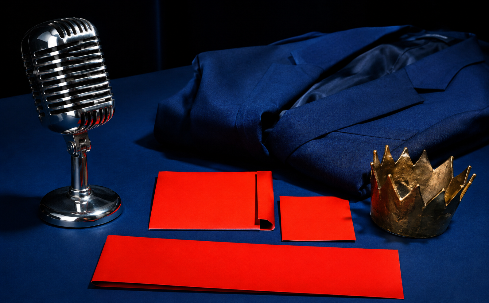 Microphone, crown sculpture and creative objects on a cobalt table