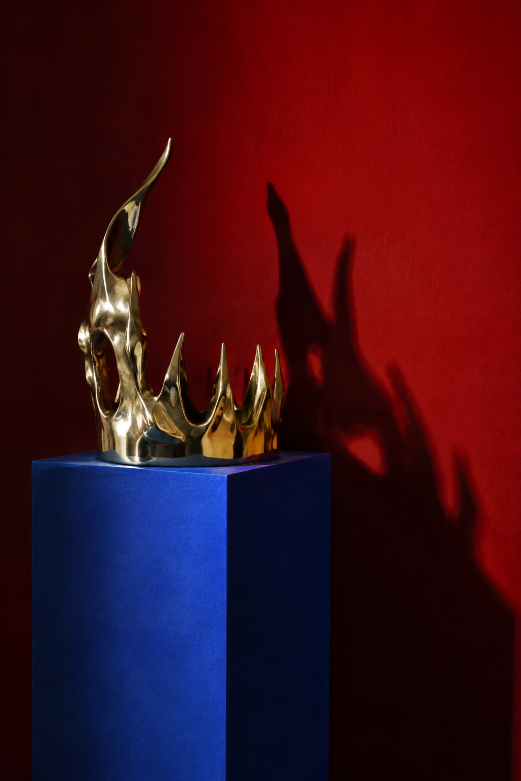 An asymmetrical brass crown sculpture on a red wall