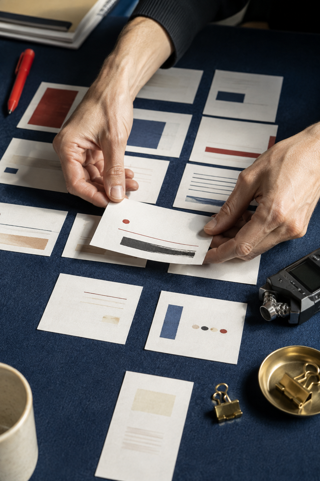 Hands arranging communication cards and recording equipment on a blue table